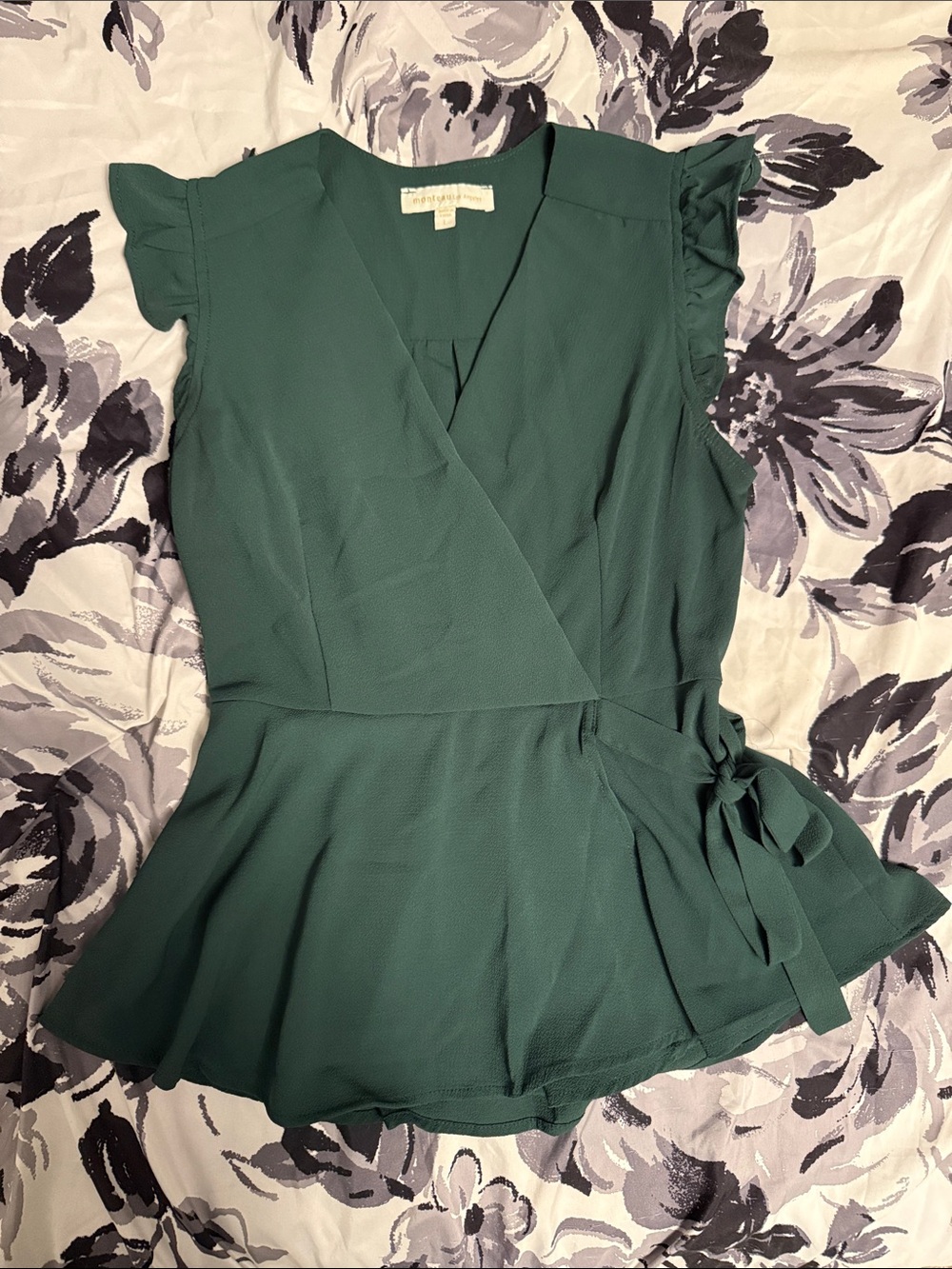 Women's Emerald Green Wrap Peplum Blouse with Ruffle Sleeves